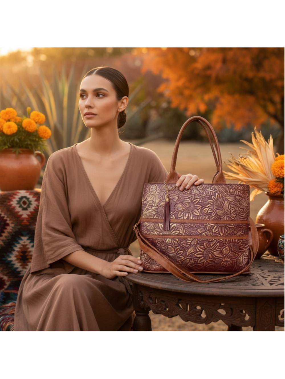 Burgundy Red Wine Gold Sunflower Embossed Tooled Artisan LEATHER Purse Handbag